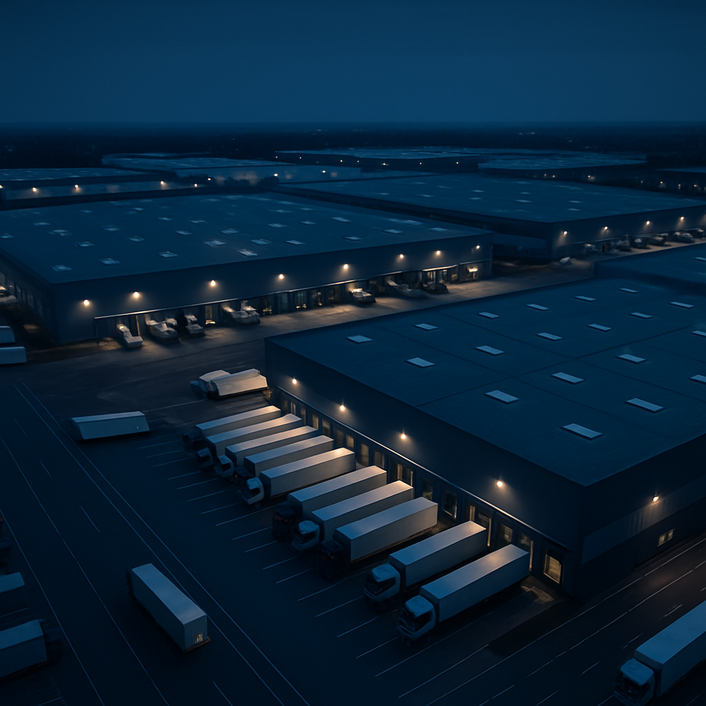 Aerial view of a modern European industrial logistics park at dusk